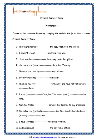 Grade 4 English Resources Printable Worksheets Topic: Present Perfect Tenses