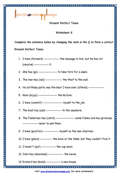  Present Perfect Tenses Printable Worksheets Worksheet