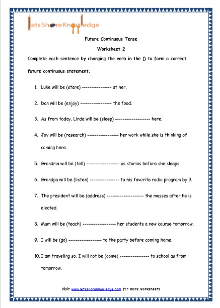 Grade 4 English Resources Printable Worksheets Topic: Future Continuous ...