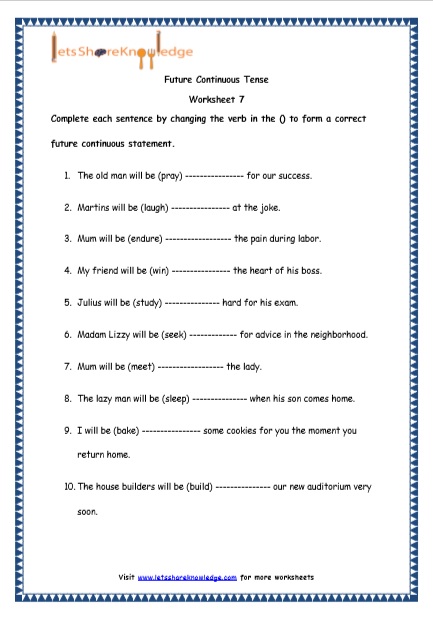 Grade 4 English Resources Printable Worksheets Topic: Future Continuous Tenses