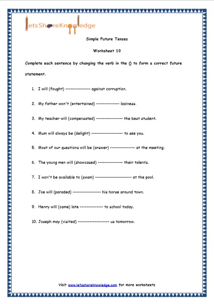 Simple Future Tense Worksheet Grade 5