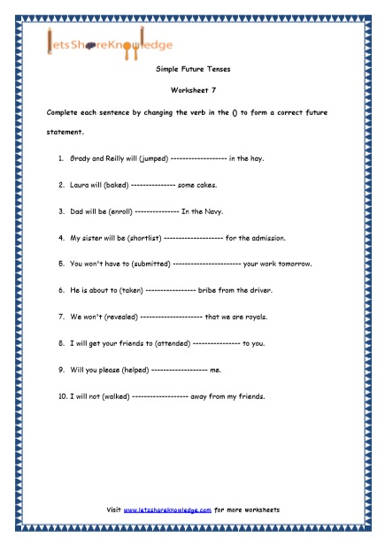 Grade 4 English Resources Printable Worksheets Topic: Simple Future Tenses