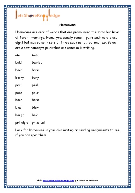 Grade 4 English Resources Printable Worksheets Topic: Homonyms – Lets