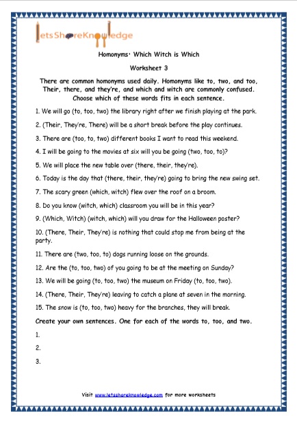Grade 4 English Resources Printable Worksheets Topic: Homonyms