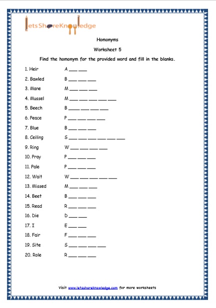  Homonyms Printable Worksheets Worksheet