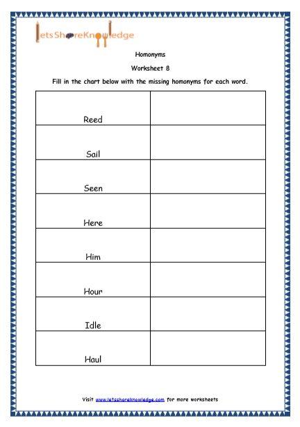 Grade 4 English Resources Printable Worksheets Topic: Homonyms – Lets ...