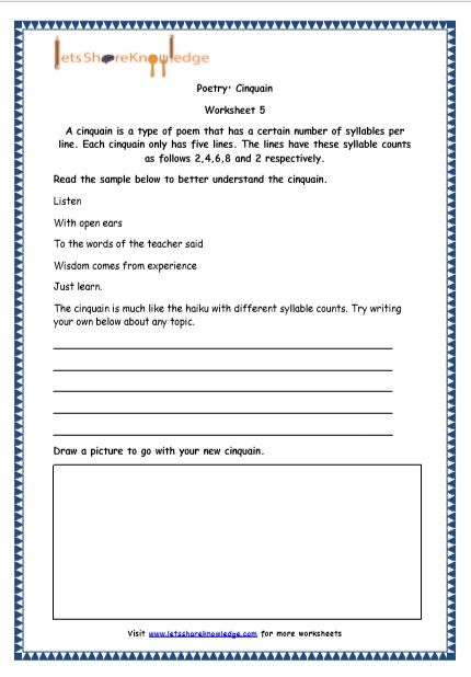 Grade 4 English Resources Printable Worksheets Topic: Poetry – Lets