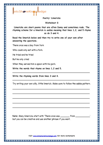 Grade 4 English Resources Printable Worksheets Topic: Poetry