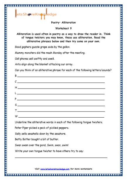 Grade 4 English Resources Printable Worksheets Topic: Poetry - Lets ...