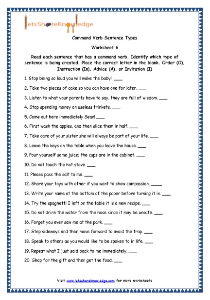Grade 4 English Resources Printable Worksheets Topic: Command Verbs