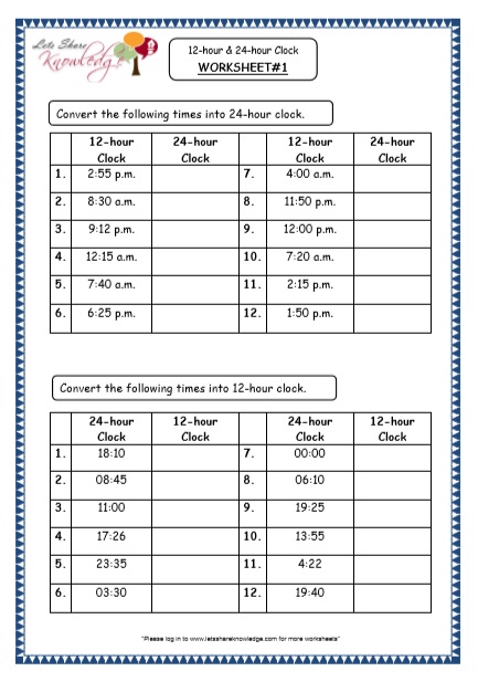  Time - 12-hour & 24-hour Clock Printable Worksheets Worksheet