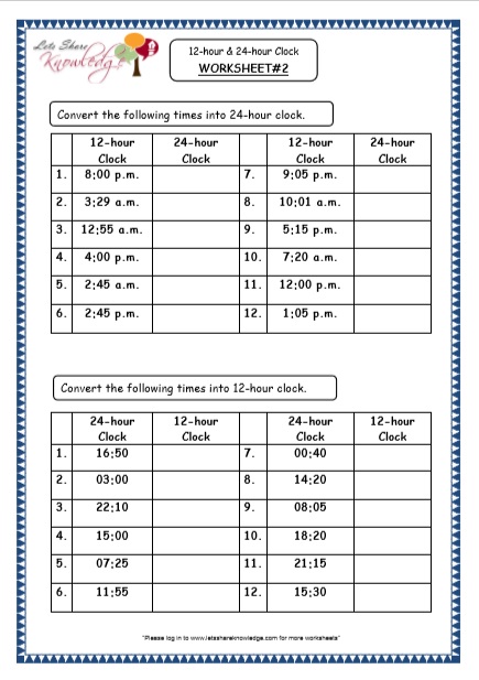  Time - 12-hour & 24-hour Clock Printable Worksheets 