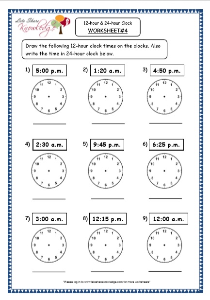  Time - 12-hour & 24-hour Clock Printable Worksheets Worksheet 