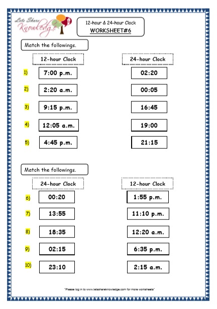  Time - 12-hour & 24-hour Clock Printable Worksheets Worksheet