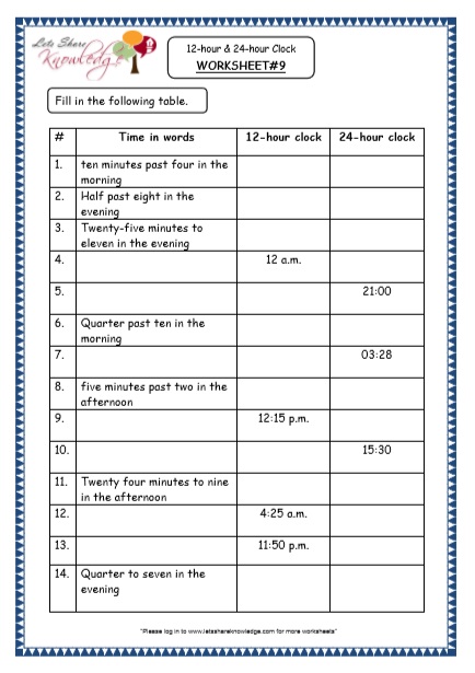 grade 4 maths resources 7 1 time 12 hour 24 hour clock printable worksheets lets share knowledge