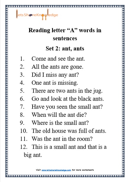  Kindergarten Reading Practice for Letter “A” words in Sentences Printable Worksheets 