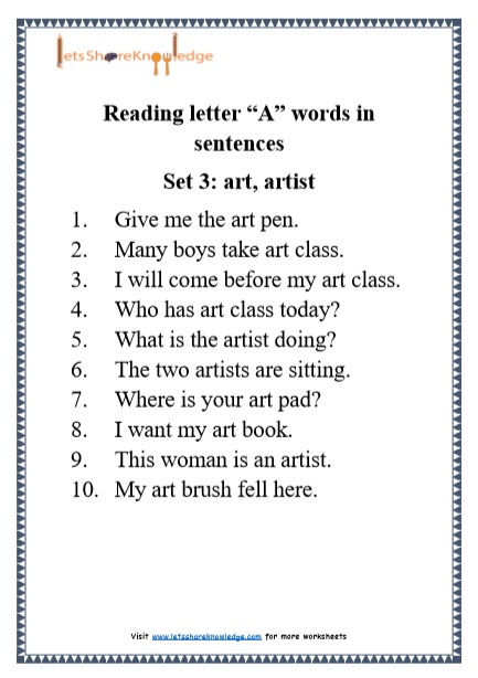  Kindergarten Reading Practice for Letter “A” words in Sentences Printable Worksheets Worksheets