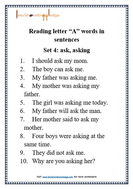  Kindergarten Reading Practice for Letter “A” words in Sentences Printable Worksheets Worksheet 