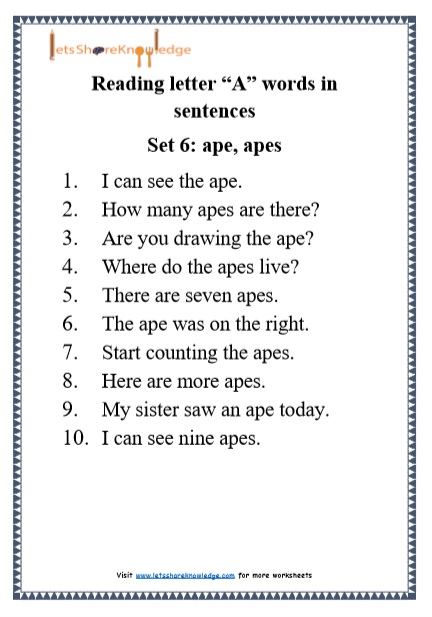  Kindergarten Reading Practice for Letter “A” words in Sentences Printable Worksheets Worksheet
