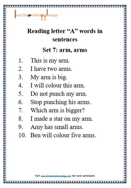 Kindergarten Reading Practice for Letter "A" words in a Sentence Printable Worksheets