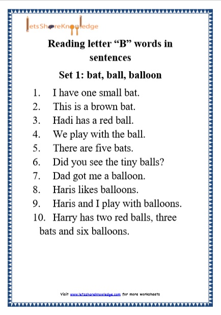 Kindergarten Reading Practice for Letter "B" words in Sentences Printable Worksheets