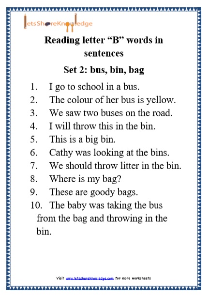  Kindergarten Reading Practice for Letter “B” words in Sentences Printable Worksheets 