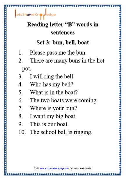  Kindergarten Reading Practice for Letter “B” words in Sentences Printable Worksheets Worksheets