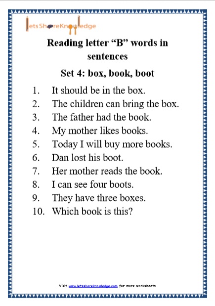  Kindergarten Reading Practice for Letter “B” words in Sentences Printable Worksheets Worksheet 