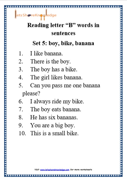 Kindergarten Reading Practice For Letter “B” Words In Sentences ...