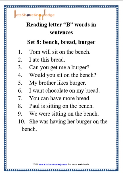  Kindergarten Reading Practice for Letter “B” words in Sentences Printable Worksheets Worksheet
