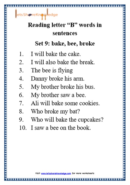  Kindergarten Reading Practice for Letter “B” words in Sentences Printable Worksheets Worksheet