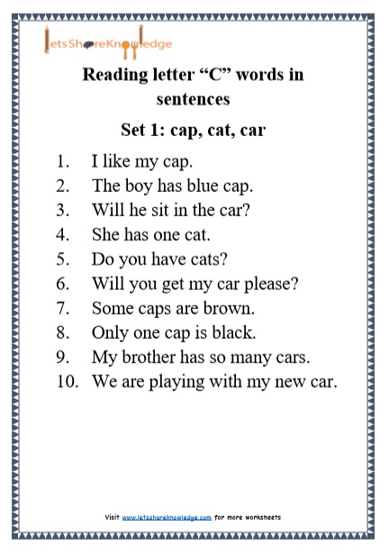  Kindergarten Reading Practice for Letter “C” words in Sentences Printable Worksheets Worksheet