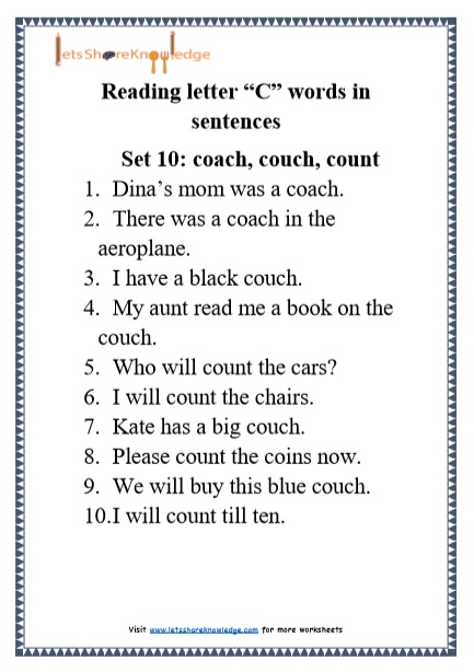  Kindergarten Reading Practice for Letter “C” words in Sentences Printable Worksheets Worksheet