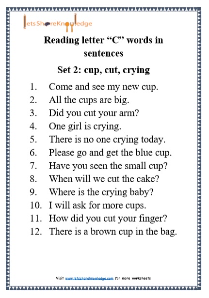  Kindergarten Reading Practice for Letter “C” words in Sentences Printable Worksheets 