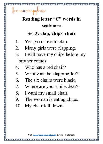  Kindergarten Reading Practice for Letter “C” words in Sentences Printable Worksheets Worksheets