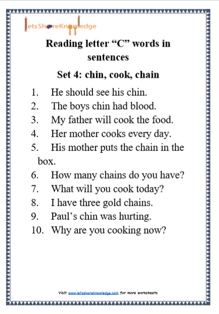  Kindergarten Reading Practice for Letter “C” words in Sentences Printable Worksheets Worksheet 
