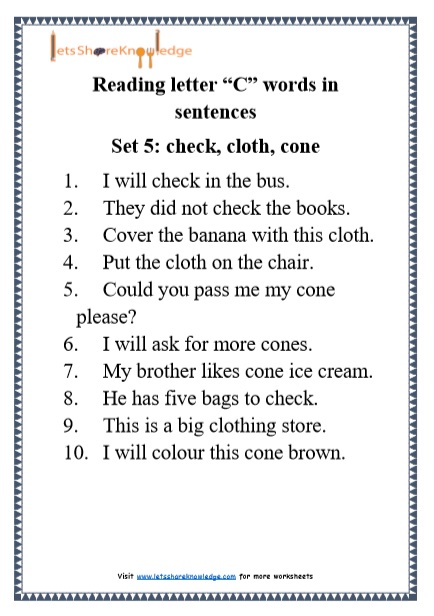 Kindergarten Reading Practice for Letter "C" Words in Sentences Printable Worksheets