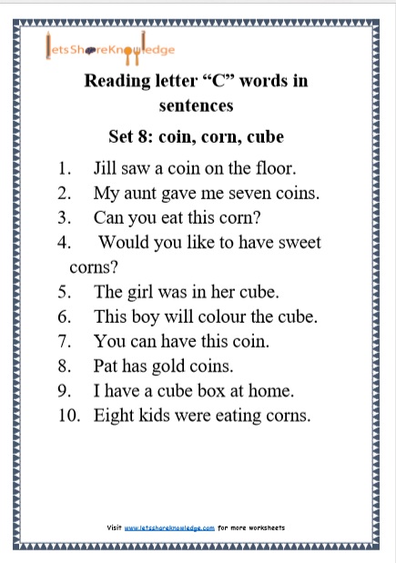 Reading letter C words in sentences Set 8 coin corn cube 1