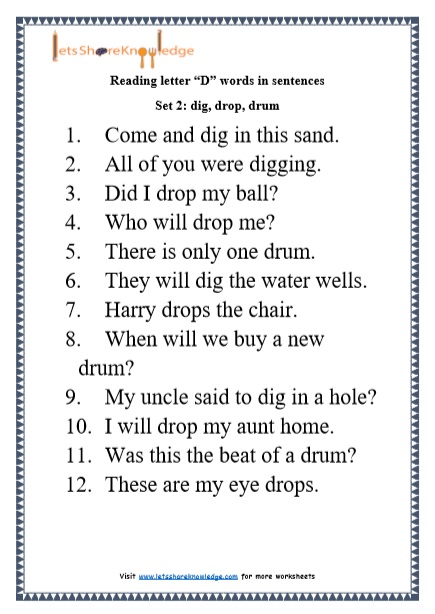  Kindergarten Reading Practice for Letter “D” words in Sentences Printable Worksheets 