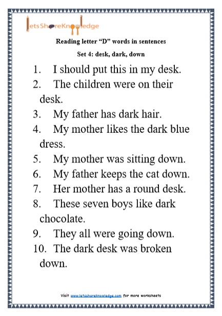  Kindergarten Reading Practice for Letter “D” words in Sentences Printable Worksheets Worksheet 