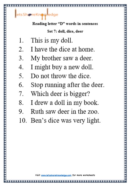Kindergarten Reading Practice for Letter "D" Words in Sentences Printable Worksheets