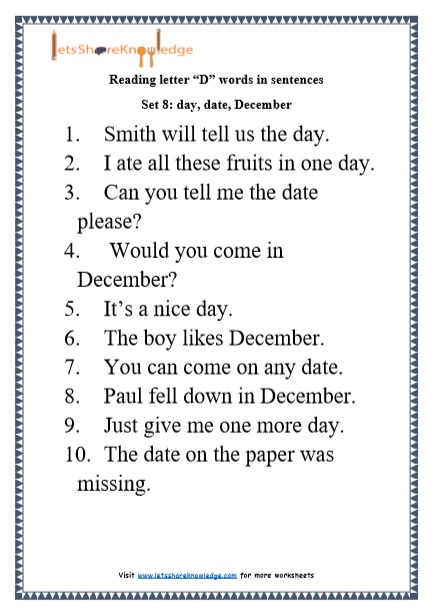  Kindergarten Reading Practice for Letter “D” words in Sentences Printable Worksheets Worksheet