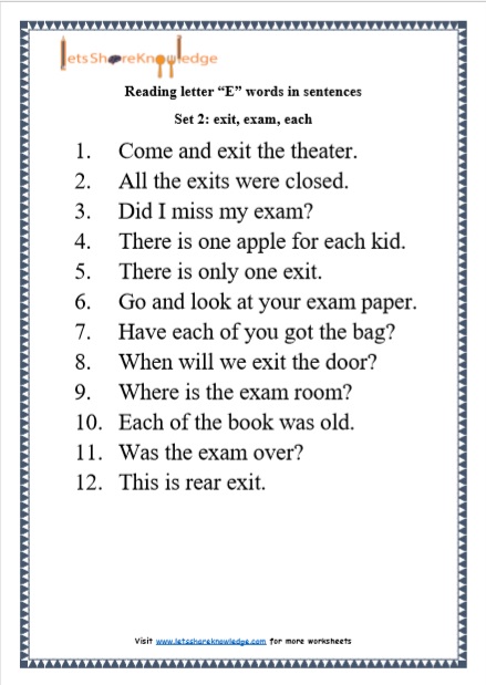  Kindergarten Reading Practice for Letter “E” words in Sentences Printable Worksheets 