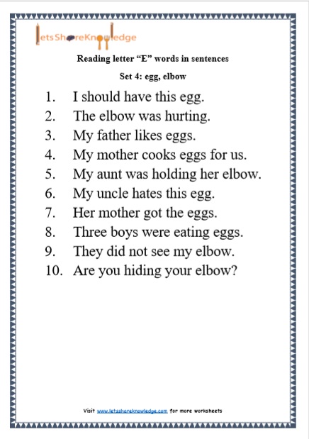  Kindergarten Reading Practice for Letter “E” words in Sentences Printable Worksheets Worksheet 