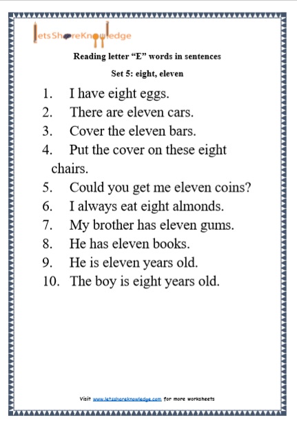 Kindergarten Reading Practice for Letter "E" Words in Sentences Printable Worksheets