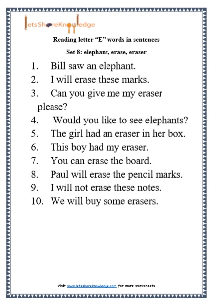  Kindergarten Reading Practice for Letter “E” words in Sentences Printable Worksheets Worksheet