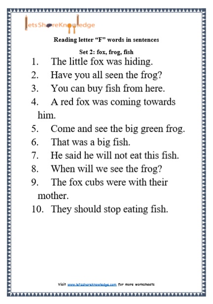  Kindergarten Reading Practice for Letter “F” words in Sentences Printable Worksheets 