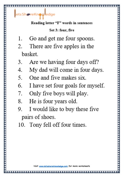  Kindergarten Reading Practice for Letter “F” words in Sentences Printable Worksheets Worksheets
