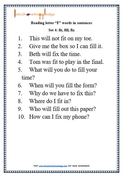  Kindergarten Reading Practice for Letter “F” words in Sentences Printable Worksheets Worksheet 