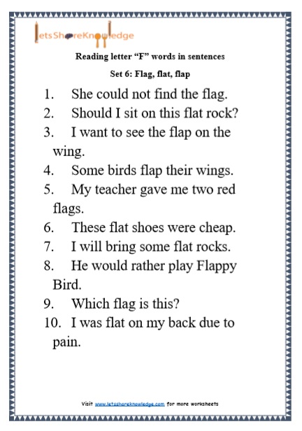  Kindergarten Reading Practice for Letter “F” words in Sentences Printable Worksheets Worksheet